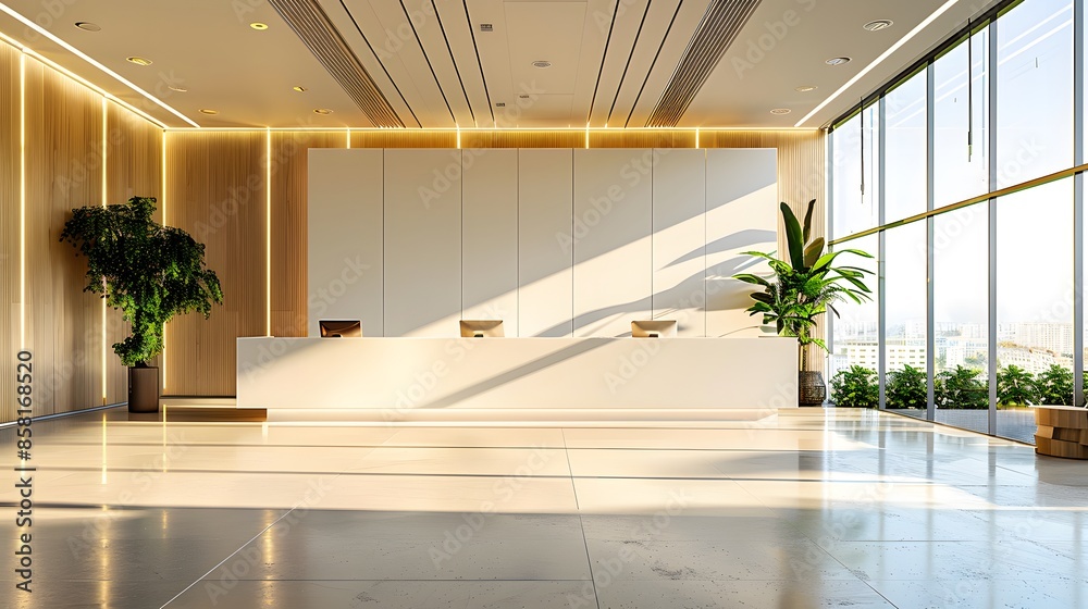 Modern office interior with a white ceiling, large windows and light-colored furniture. Bright room lighting with sun rays shining through the glass walls, creating long shadows on the floor.
