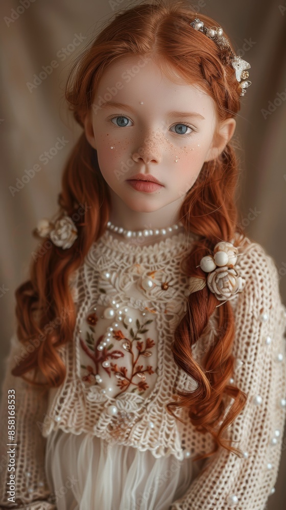 A little girl with red hair wearing a white dress A little girl with red hair wearing a white dress