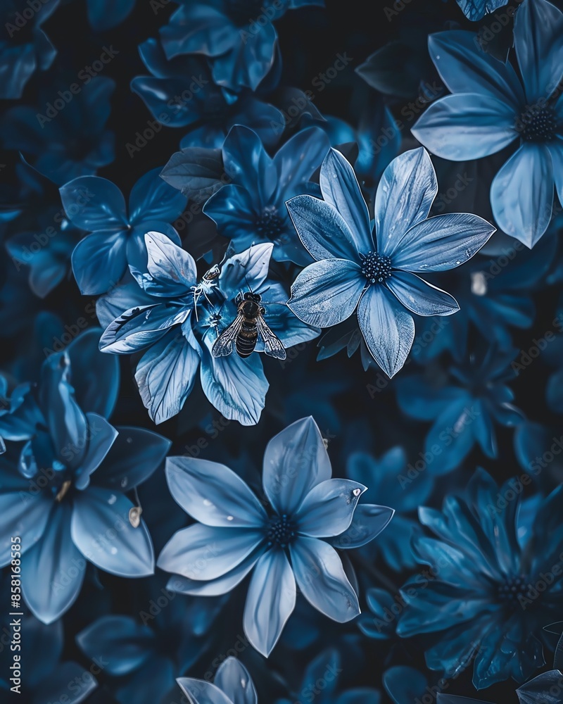 Beautiful close-up of blue flowers with a bee, showcasing nature's beauty and detail in stunning dark ambiance. Beautiful close-up of blue flowers with a bee, showcasing nature's beauty and detail in stunning dark ambiance.