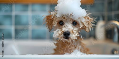 Dog with foamcovered head sits in bathroom after funny shampoo mishap. Concept Pets, Humor, Grooming, Bath Time, Funny Situations photo