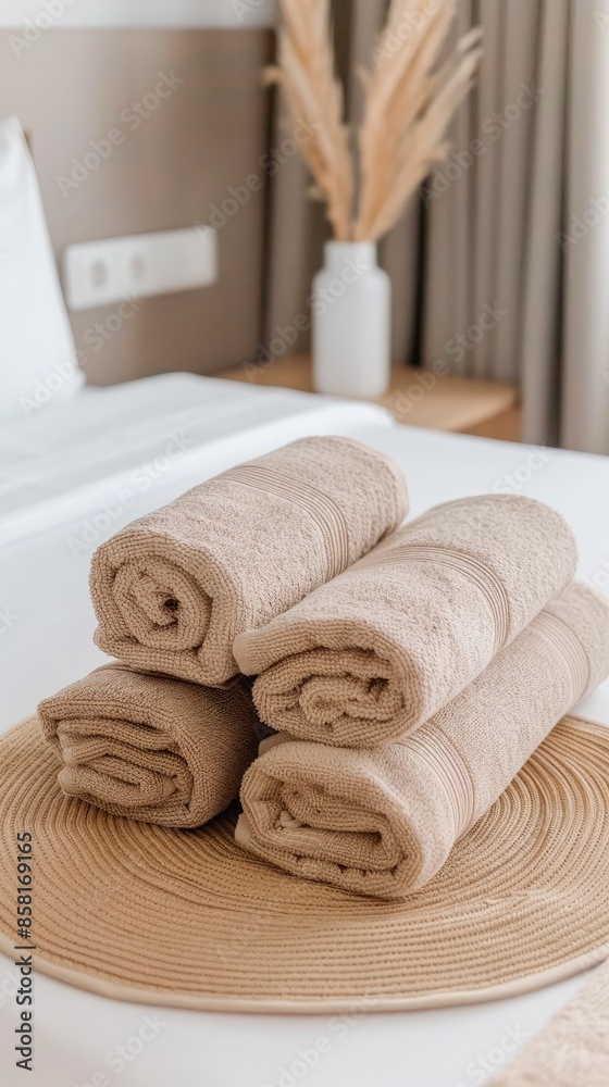 A stack of white towels and beige blankets rest on a white bed in a modern bedroom