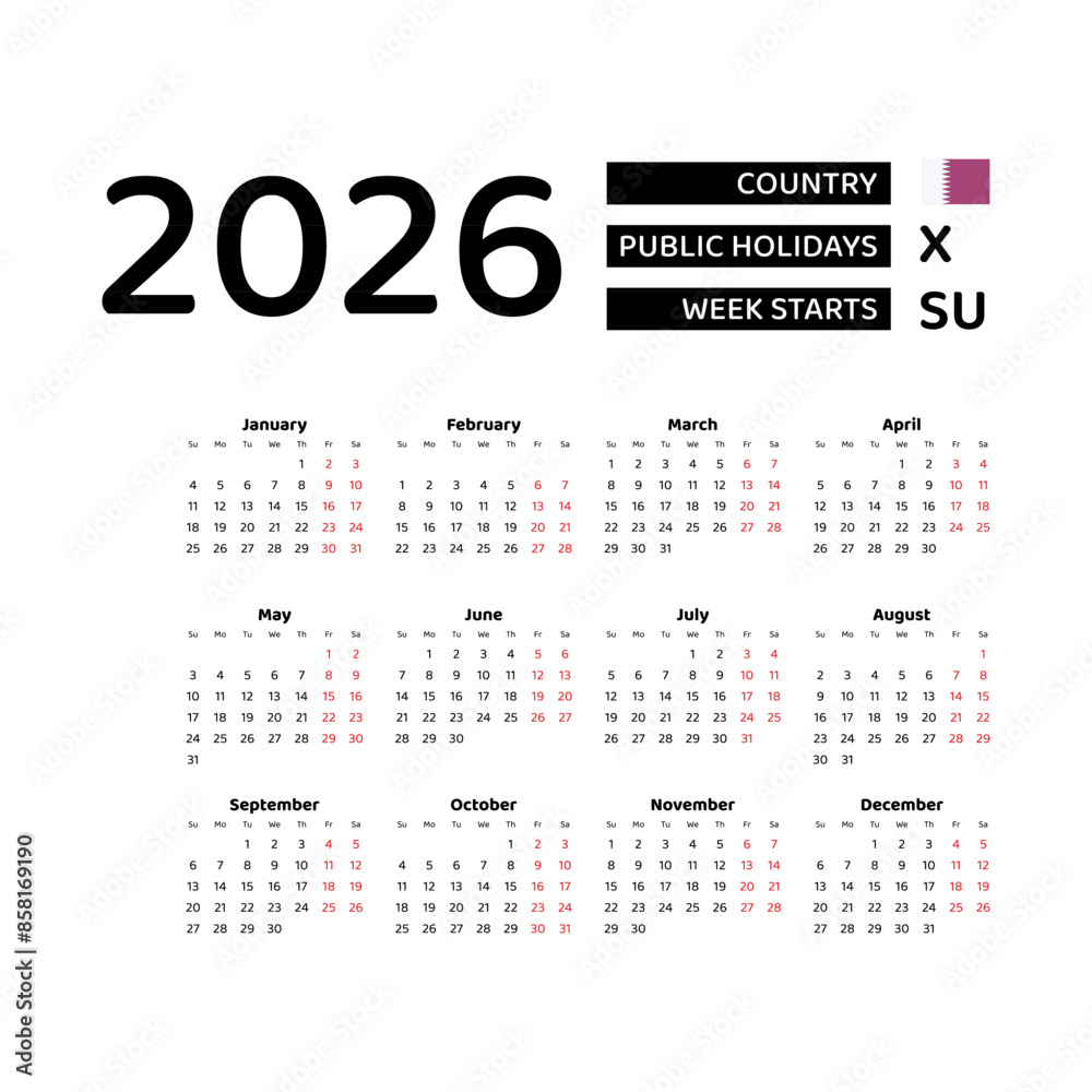 Calendar 2026 English language with Qatar public holidays. Week starts from Sunday. Graphic design vector illustration. Calendar 2026 English language with Qatar public holidays. Week starts from Sunday. Graphic design vector illustration.