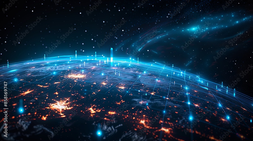 A visually appealing digital Earth enveloped in a glowing blue network grid, symbolizing global communication, technology, interconnectedness, and futuristic innovation. A visually appealing digital Earth enveloped in a glowing blue network grid, symbolizing global communication, technology, interconnectedness, and futuristic innovation.