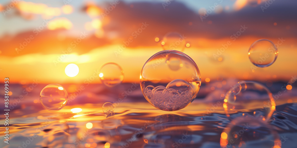 Fantasy Sunset with Soap Bubbles and Beauty Products Floating in Air