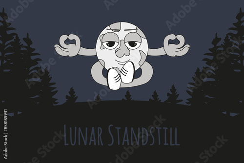 Lunar standstill phenomenon concept. Groovy style meditation Moon. Lunar character meditating above earth. Simple naive vector illustration. Editable stroke. EPS 10.