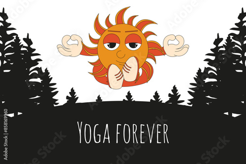 Simple design for Yoga center. Yogi Sun character isolated white. Cute Summer aesthetic vector illustration. EPS 10