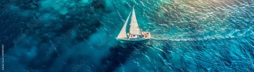 Fototapeta premium Aerial view of a sailboat on clear blue water