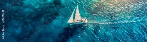 Aerial view of a sailboat on clear blue water