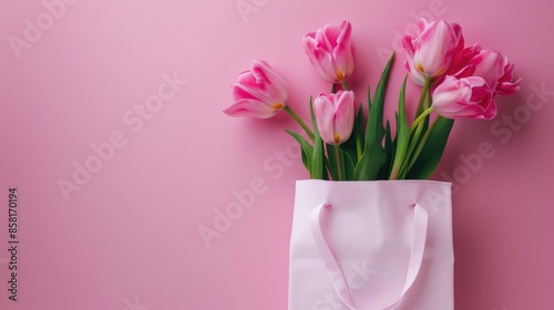 Pink tulip flowers in white bag on pink background top view with space for text Wedding card invite banner mockup