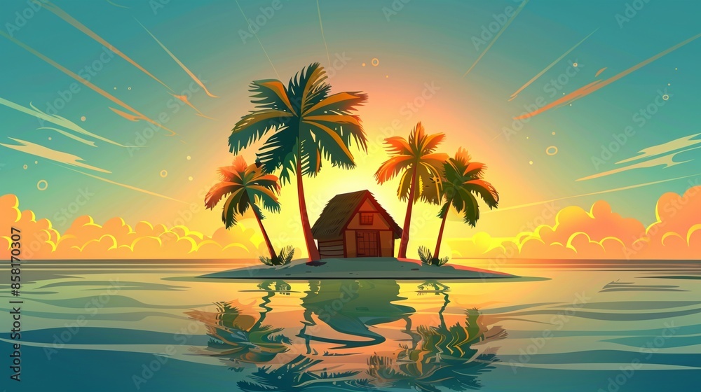 Fototapeta premium Vector illustration of beautiful scenic landscape of tropical sea island with palm tree and house