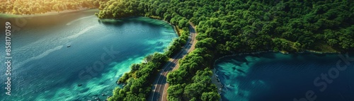 Aerial view of a road winding through a dense forest and running alongside a lake