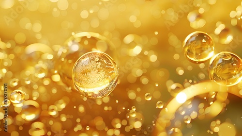 Animated illustration showing oil bubbles floating in golden liquid against an elegant background. conveys luxury and richness with the bright gold color, creating a visually stunning display.