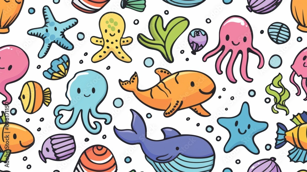 A group of cartoon sea animals on a white background A group of cartoon sea animals on a white background