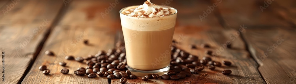 Artful presentation of a latte with coffee beans on a wooden table Artful presentation of a latte with coffee beans on a wooden table