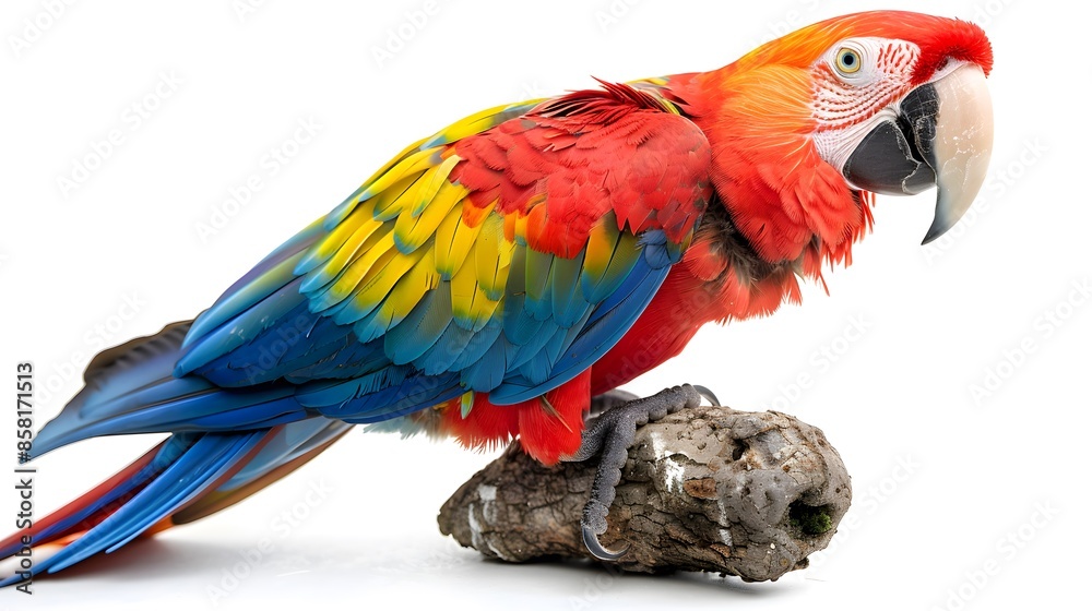 Scarlet macaw parrot in vibrant colors, isolated on a white background, studio shot. capturing the essence of its majestic beauty in a clean and simple composition. Scarlet macaw parrot in vibrant colors, isolated on a white background, studio shot. capturing the essence of its majestic beauty in a clean and simple composition.