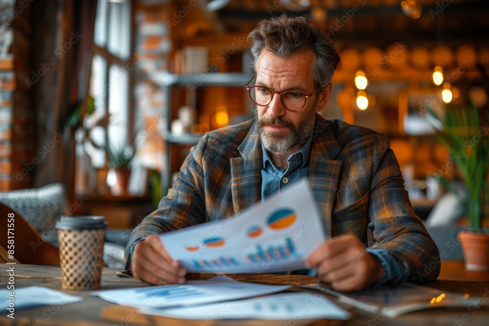 Man Reviewing Business Charts While Sitting at a Cafe Table Man Reviewing Business Charts While Sitting at a Cafe Table