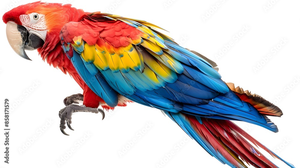 Scarlet macaw parrot in vibrant colors, isolated on a white background, studio shot. capturing the essence of its majestic beauty in a clean and simple composition. Scarlet macaw parrot in vibrant colors, isolated on a white background, studio shot. capturing the essence of its majestic beauty in a clean and simple composition.