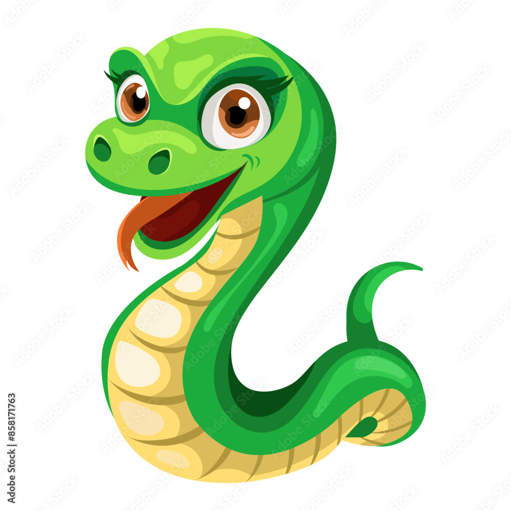 Fototapeta premium Cartoon smiling snake isolated on white background.Cute snake in flat style.Character for print,web,games,design element for Chinese New Year design.Vector illustration