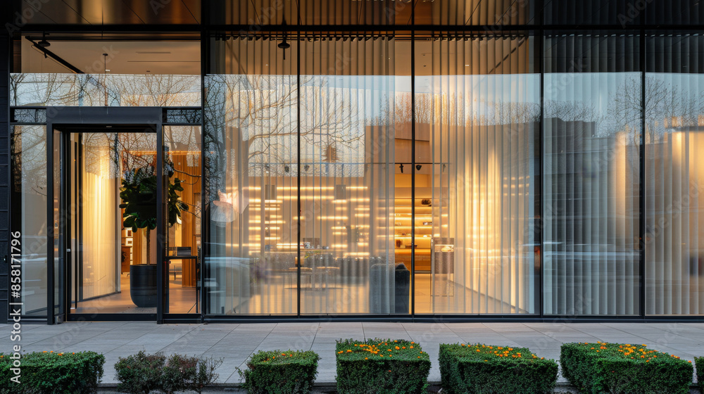storefront glass design, reeded glass accents modernize a storefront window, enhancing the buildings exterior with a contemporary flair in commercial architecture