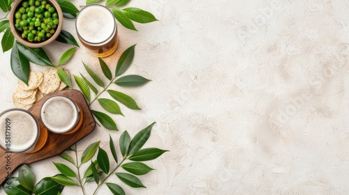 Wallpaper Mural Three glasses of beer with a bowl of potato chips on a grey surface Torontodigital.ca