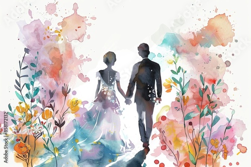 Watercolor silhouette of a bride and groom amongst colorful floral splashes, wedding illustration concept