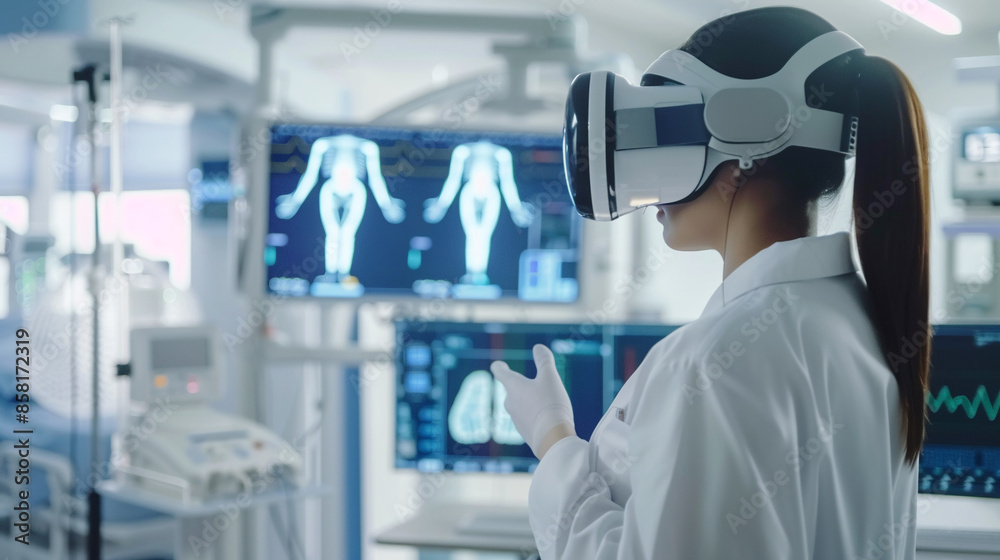 A doctor in a hospital undergoes a training course wearing virtual reality glasses A doctor in a hospital undergoes a training course wearing virtual reality glasses