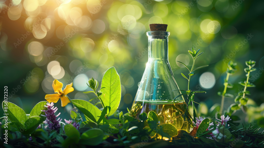 Erlenmeyer flask filled with essential oil surrounded by medicinal herbs in a forest Erlenmeyer flask filled with essential oil surrounded by medicinal herbs in a forest