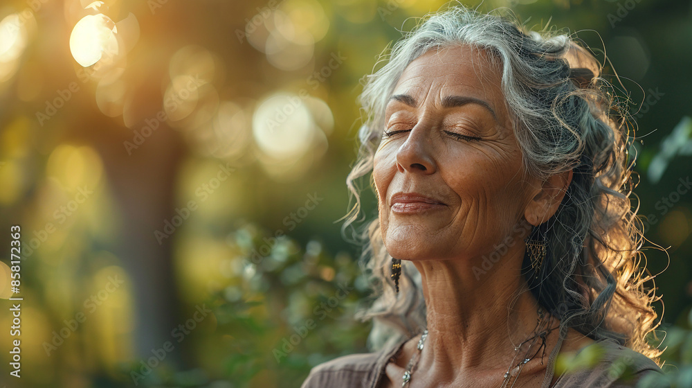 Elderly woman enjoying quiet meditation, elderly happy people, old age.