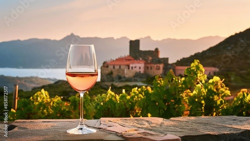 A glass of rosé Corsican wine outdoors.  Landscape with vine bushes, an old Corsican town, and mountains in the background.