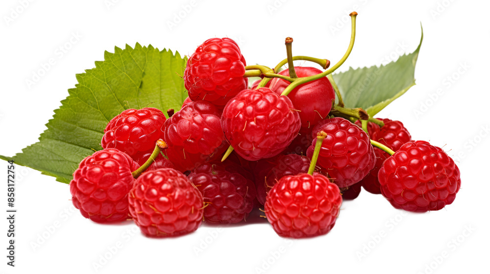 a bunch of raspberries with leaves on a white background a bunch of raspberries with leaves on a white background
