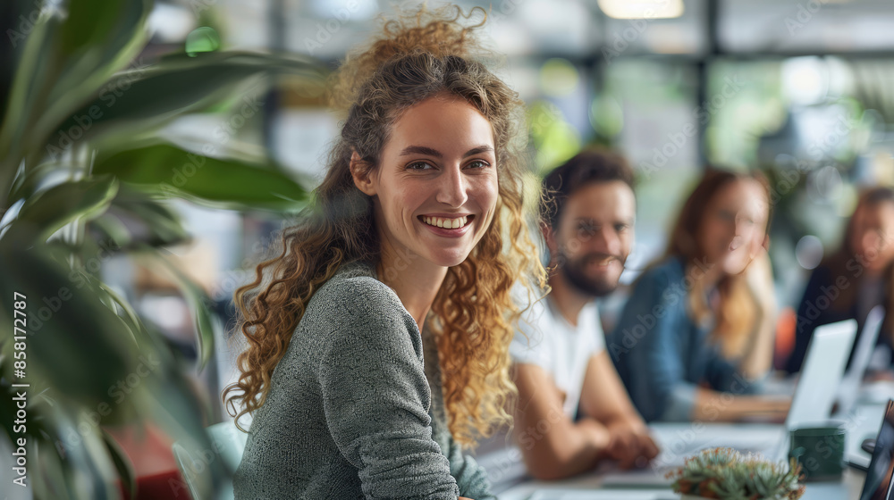 Young creative professional smiling while working in open plan office Young creative professional smiling while working in open plan office