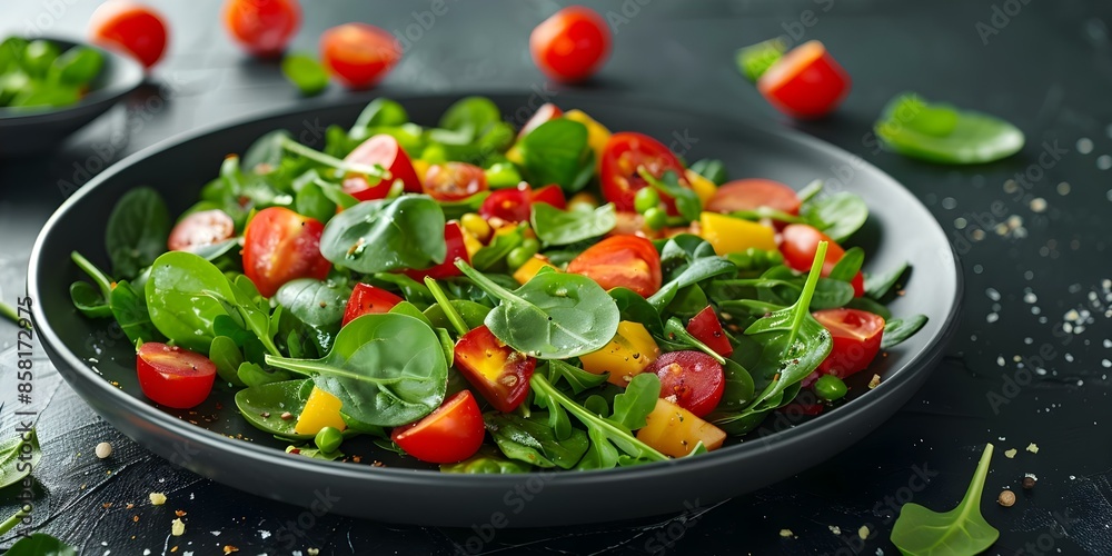 Fresh green salad with veggies cheese on black plate perfect for breakfast or dinner. Concept Food Photography, Healthy Eating, Meal Inspiration, Salad Recipes, Culinary Creations Fresh green salad with veggies cheese on black plate perfect for breakfast or dinner. Concept Food Photography, Healthy Eating, Meal Inspiration, Salad Recipes, Culinary Creations