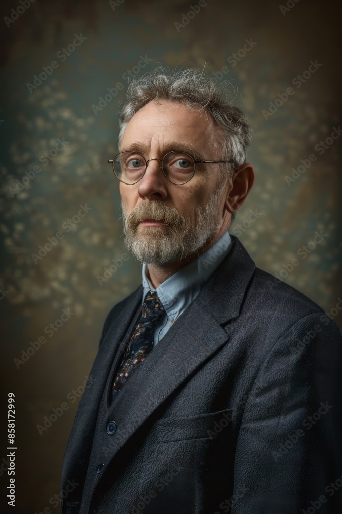 Portrait of a gray-haired man in glasses with a beard, in a gray jacket and tie on a dark background. Business, scientist, science concept Portrait of a gray-haired man in glasses with a beard, in a gray jacket and tie on a dark background. Business, scientist, science concept