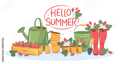 Hello summer garden. Gardening, growing plants, agricultural tools. Watering can and strawberries in boxes. Vector illustration for poster, banner and advertisement
