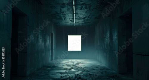 An empty and abandoned room with dim lighting and a single bright white square on one of the walls, creating a mysterious and somewhat eerie atmosphere, evoking curiosity.