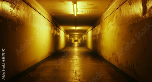 A seemingly endless yellow corridor is dimly lit, with long fluorescent lights overhead and a reflective tiled floor stretching out ahead, evoking a sense of mystery. © mendor