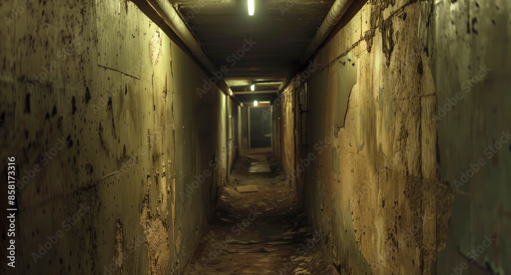 Obraz premium A dark, rustic corridor shows significant decay with its crumbling, graffiti-covered walls and scattered debris, accentuated by a single dim light, evoking a post-apocalyptic scene.
