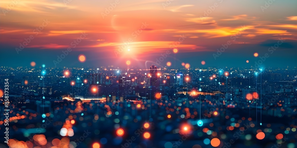 Fototapeta premium Night cityscape with digital network overlay of lines and nodes. Concept City Night Photography, Digital Network, Urban Landscape, Cityscape, Technology Integration