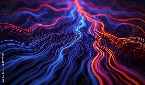 Colorful wavy neon lines background on black