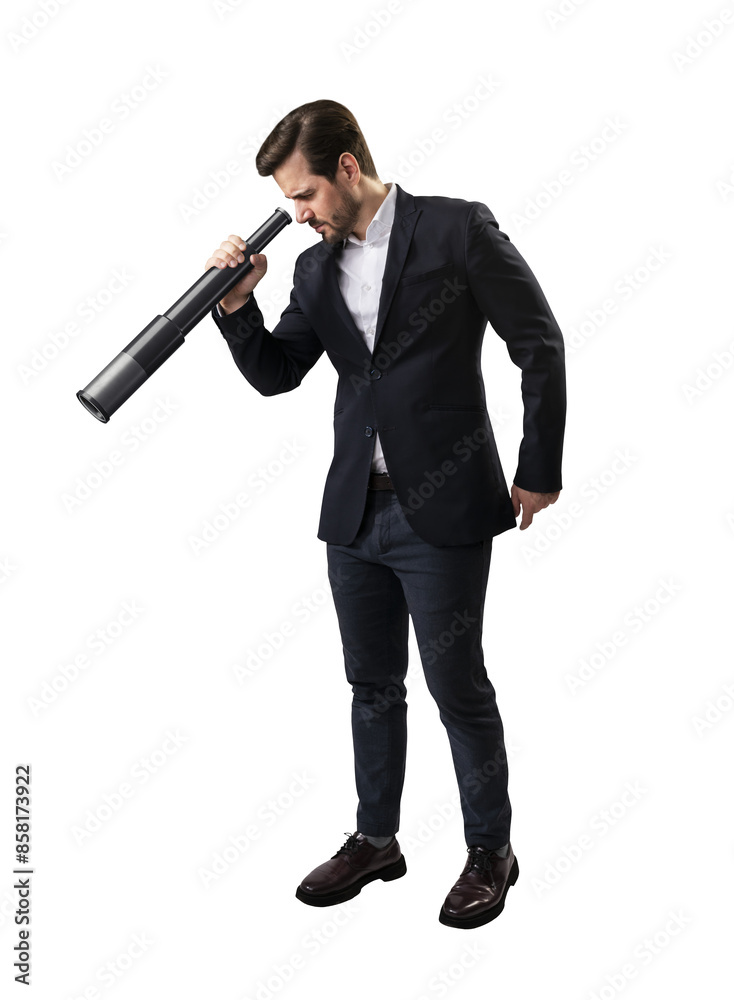 Obraz premium A man in a suit looking through a large telescope, isolated on a white background, representing curiosity or searching