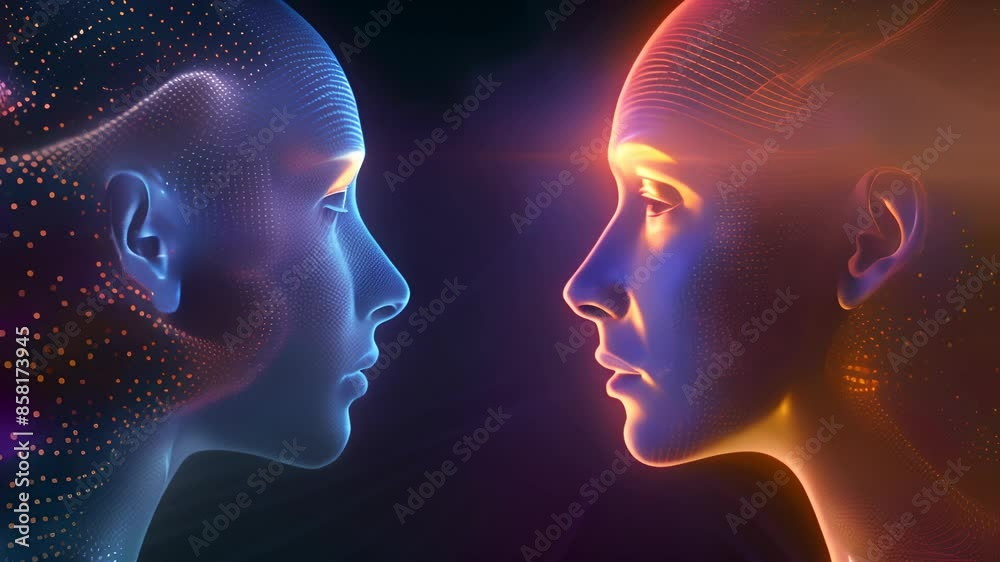 Two faces with blue and red colors