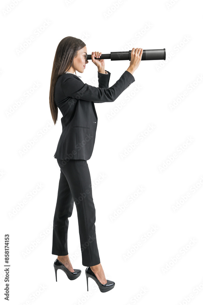 A businesswoman using a telescope against a white background, symbolizing vision or search in a corporate context A businesswoman using a telescope against a white background, symbolizing vision or search in a corporate context