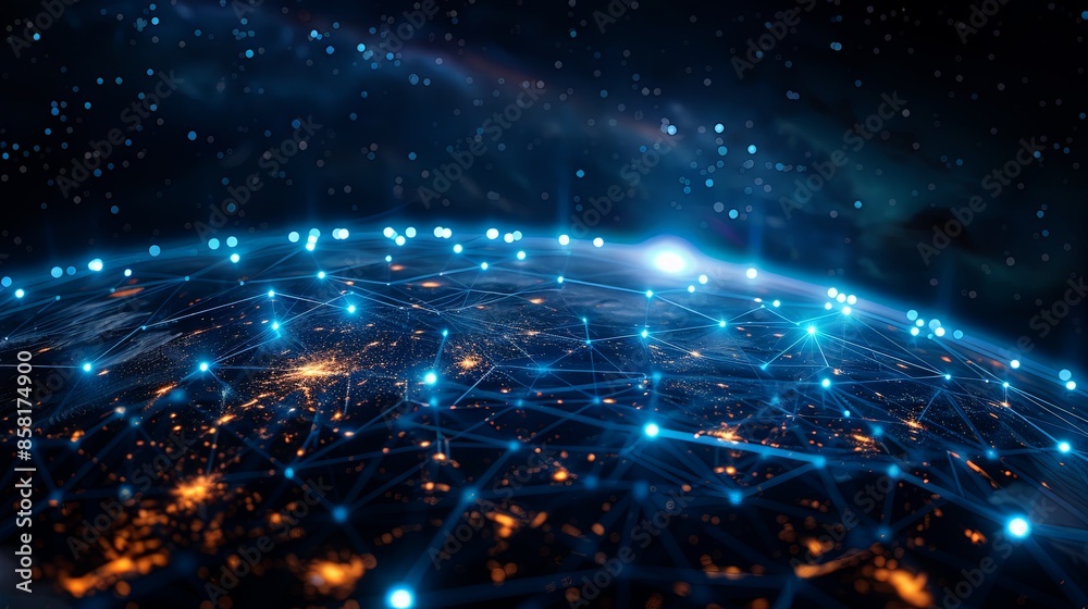 A breathtaking view of Earth, displaying bright interconnected nodes and a sprawling digital network, highlighting both geographical landmarks and technological connectivity.