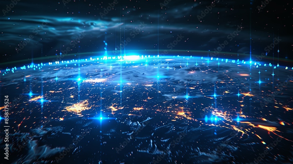 Depicting global data exchange, this image captures Earth's surface illuminated with bright data points and network trails, symbolizing seamless communication and digital connectivity. Depicting global data exchange, this image captures Earth's surface illuminated with bright data points and network trails, symbolizing seamless communication and digital connectivity.