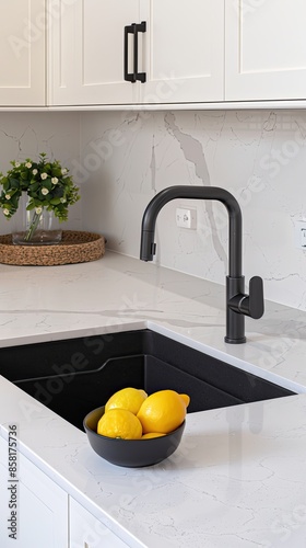 A modern kitchen with a black sink, a grey countertop, and yellow flowers in a white vase. There are lemons in a bowl and on a plate