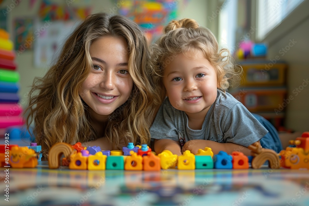 Fototapeta premium Young Woman and Toddler Playing With Colorful Building Blocks in a Playroom