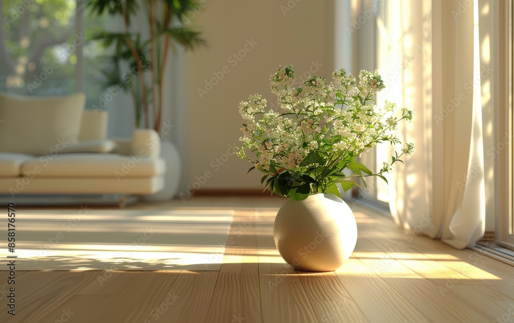 White Flowers in a Round Vase on a Wooden Floor by a Window White Flowers in a Round Vase on a Wooden Floor by a Window