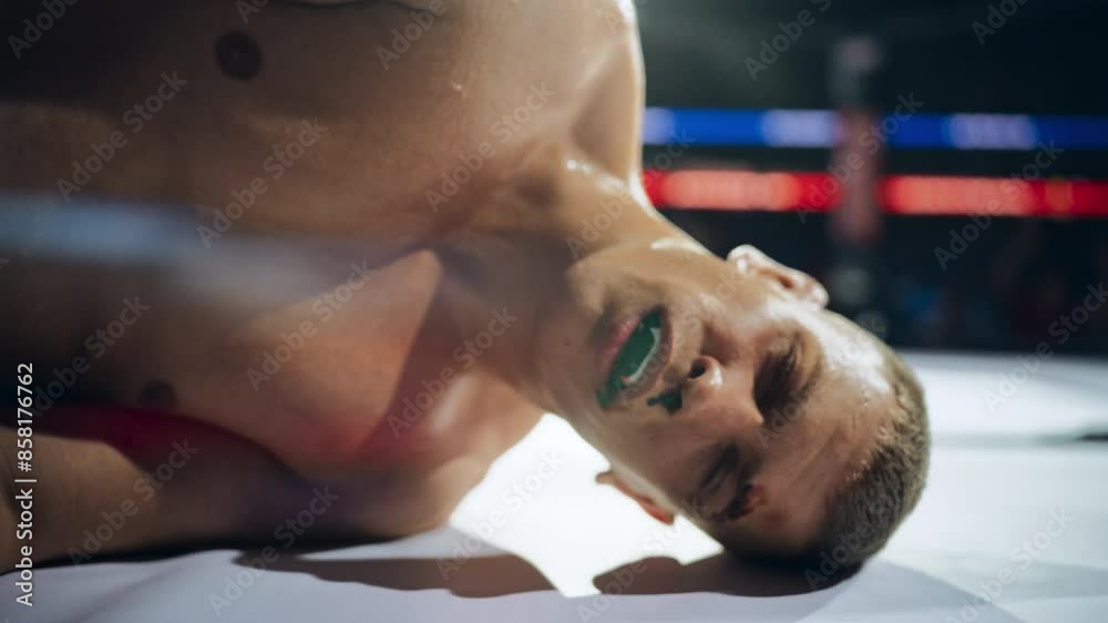Portrait of a Knocked Out Boxer Falling on the Ground. Close Up of the Head Hitting the Floor, Fighter is Almost Unconscious and Seriously Disorientated. Hurt Mixed Martial Artist Losing a Match