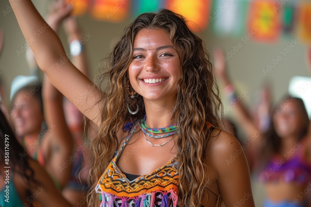 Happy Young Woman Dancing At Summer Music Festival Happy Young Woman Dancing At Summer Music Festival