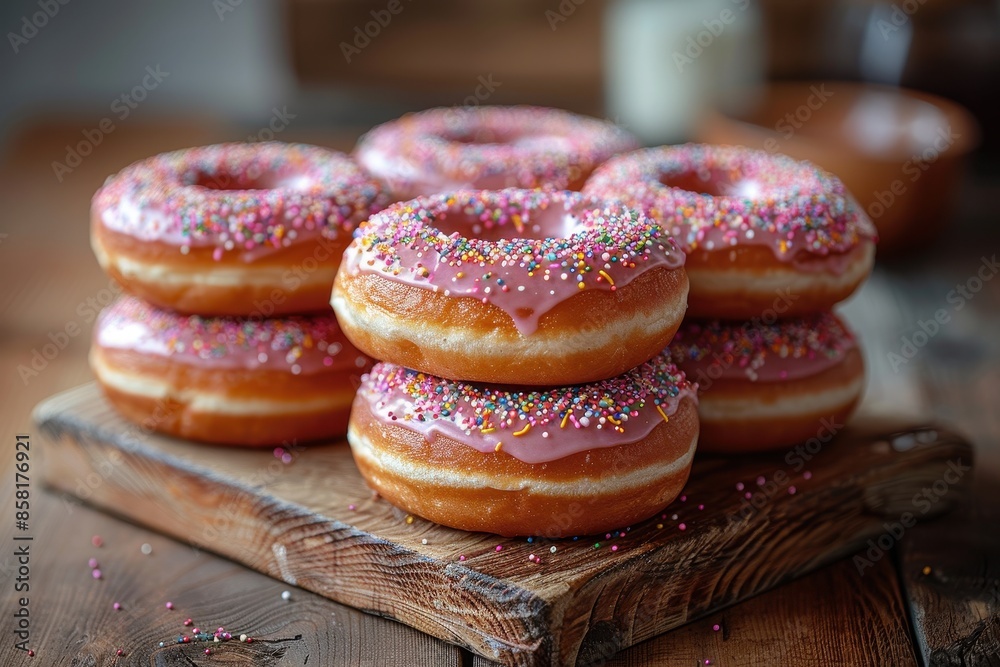 A stack of freshly made donuts covered in pink glaze and rainbow sprinkles, arranged on a rustic wooden table. A stack of freshly made donuts covered in pink glaze and rainbow sprinkles, arranged on a rustic wooden table.